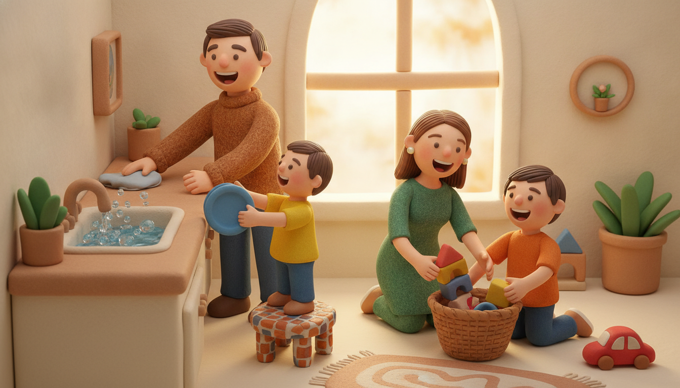 Image 3D en pâte à modeler d'une famille (parents et enfants) collaborant joyeusement aux tâches ménagères quotidiennes, symbolisant le partage des responsabili