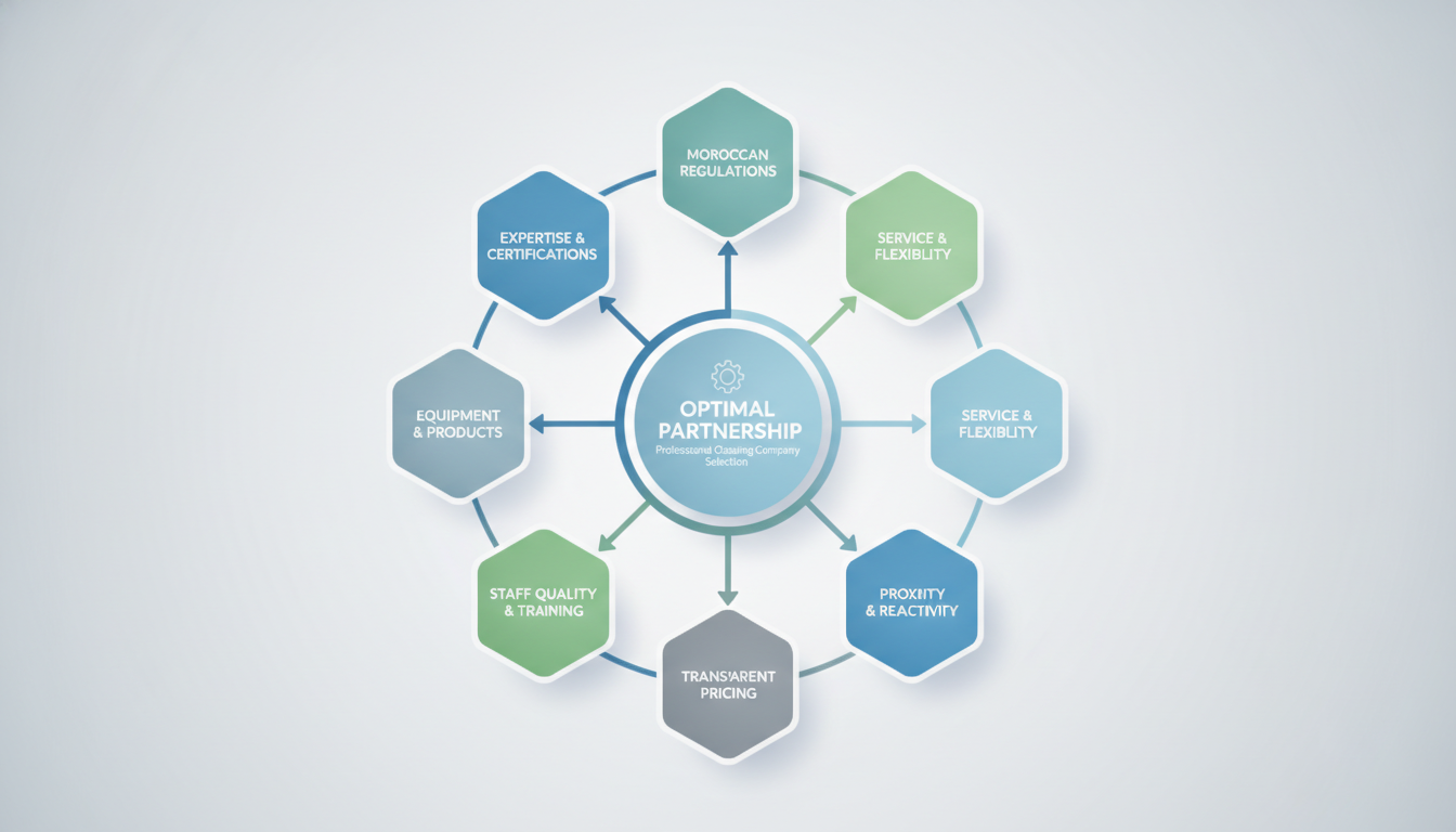 Diagramme des critères de sélection d'une société de ménage professionnelle au Maroc : expertise, normes, services, tarifs, proximité, personnel, matériel.