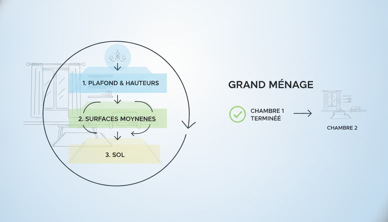 Diagramme illustrant la méthode de nettoyage pièce par pièce et du haut vers le bas pour un grand ménage efficace.
