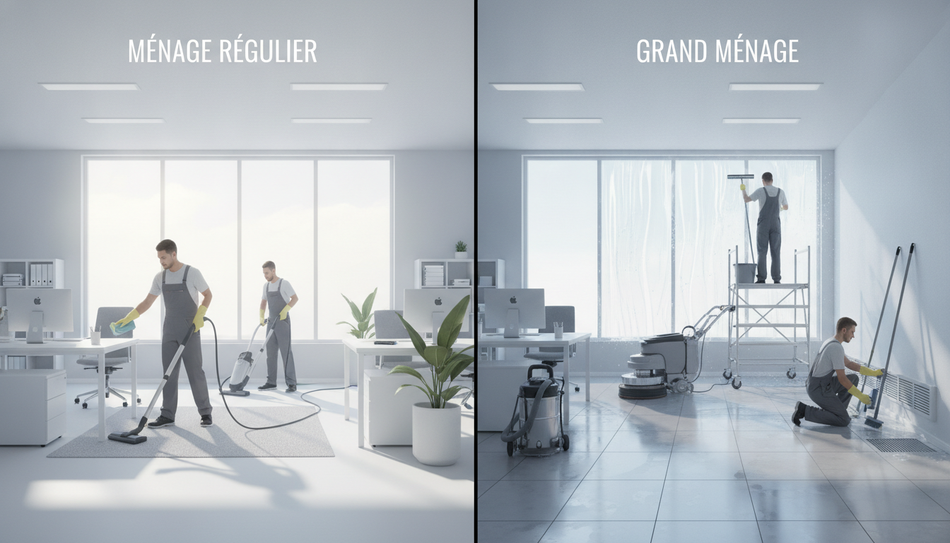 Illustration comparative entre le ménage régulier et le grand ménage pour entreprises.
