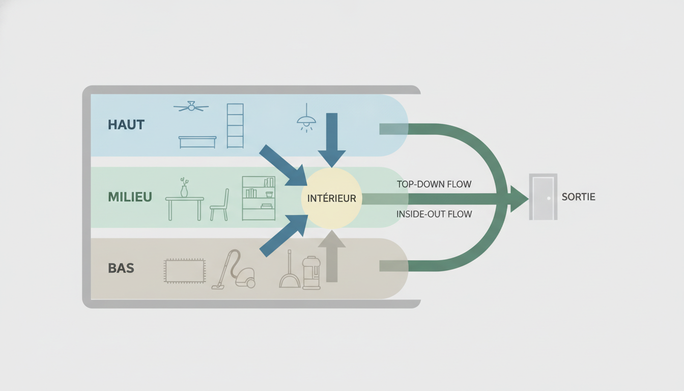 Diagramme visuel montrant l'ordre de nettoyage d'une pièce : du haut vers le bas et de l'intérieur vers la sortie.